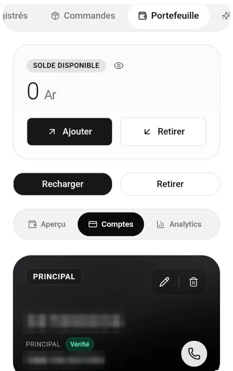 Compte Mobile Money enregistré dans le portefeuille Viktoo, marqué Vérifié