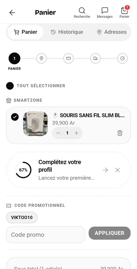 Le panier dans l'app Viktoo : article, code promo et étapes de la commande