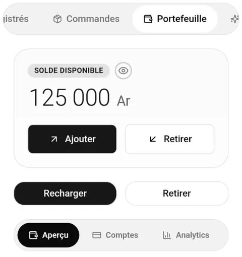 Portefeuille Viktoo : solde disponible et boutons Ajouter et Retirer