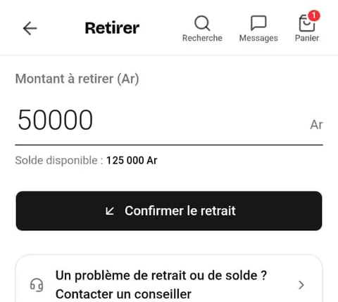 Écran Retirer : montant à retirer et bouton Confirmer le retrait